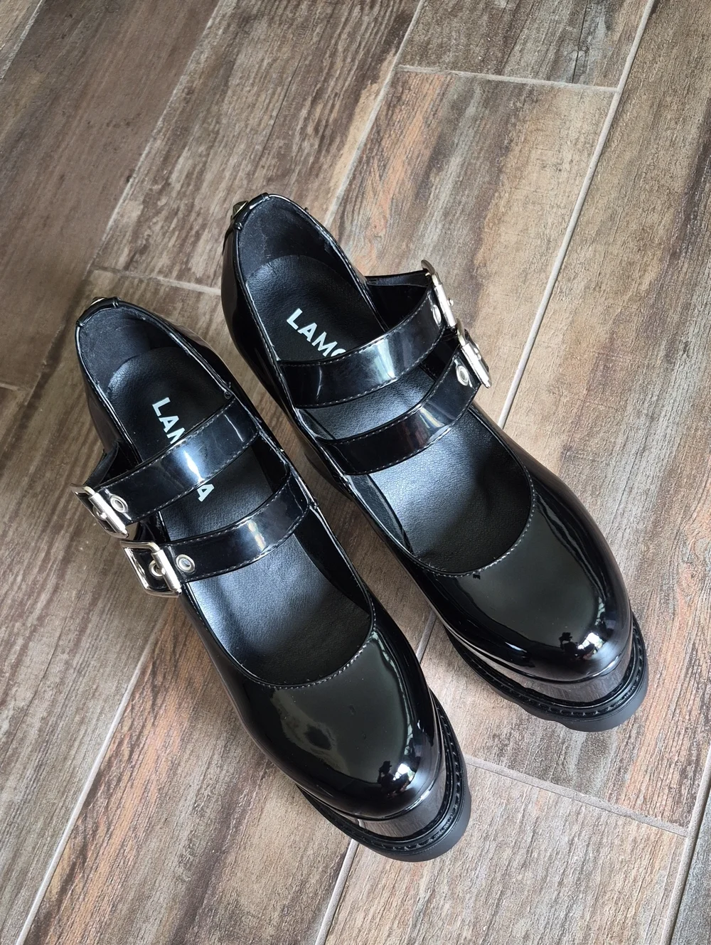 7.5/8 Lamoda Black Onyx Vegan Patent Leather How Ironic Platform Mary Jane Heels